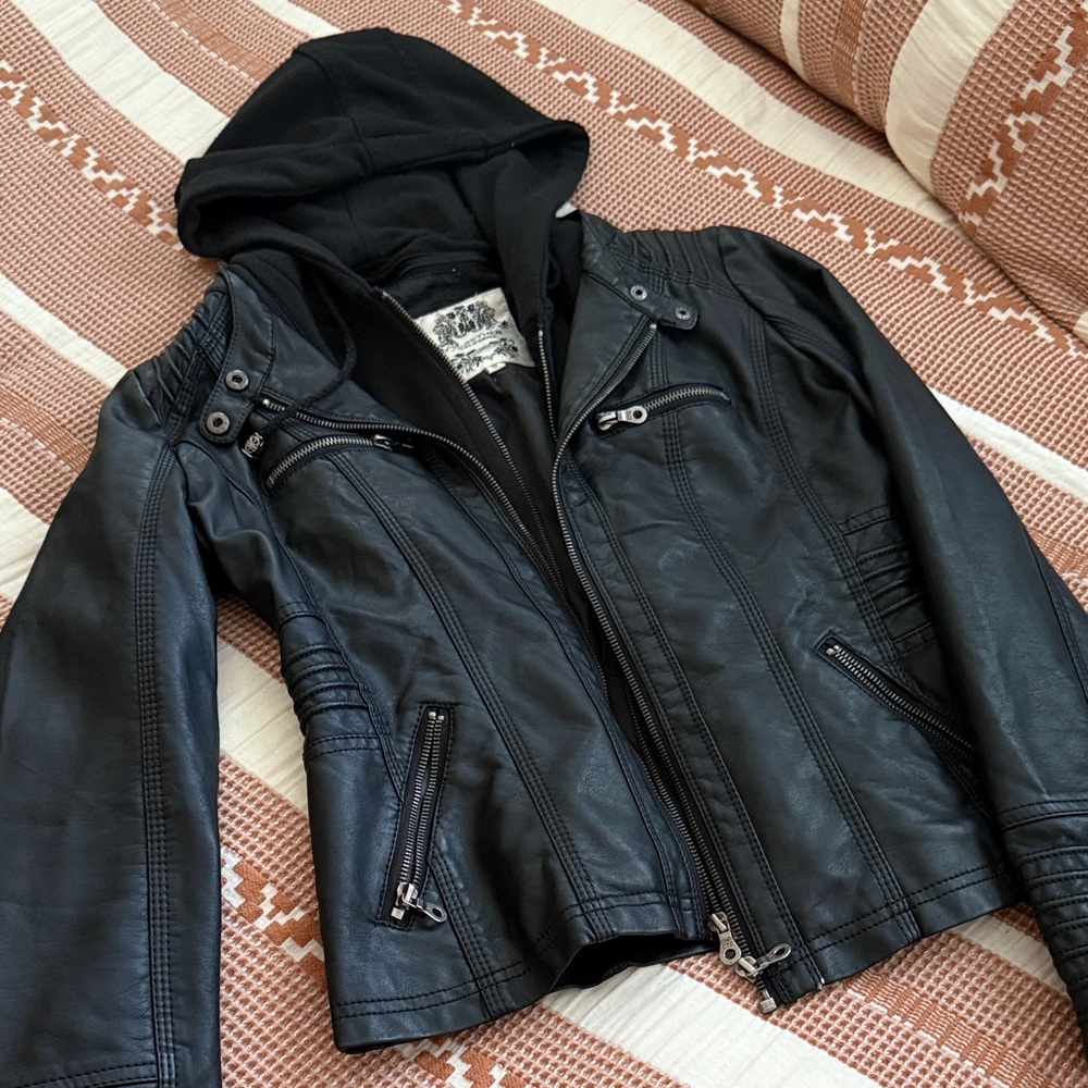 Black Faux Leather Jacket with Hood size small